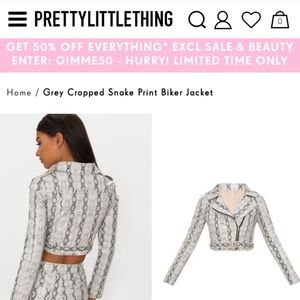Grey Cropped Snakeskin Biker Jacket